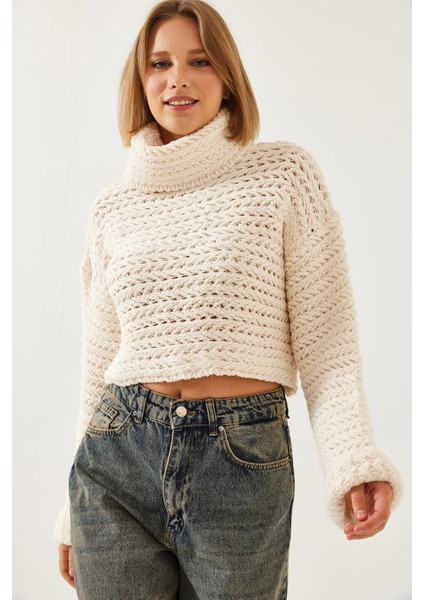 Kadın Balıkçı Yaka Saç Örgülü Triko Kazak