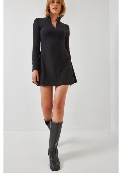 Kadın Fermuarlı Fitilli Ottoman Kumaş Elbise