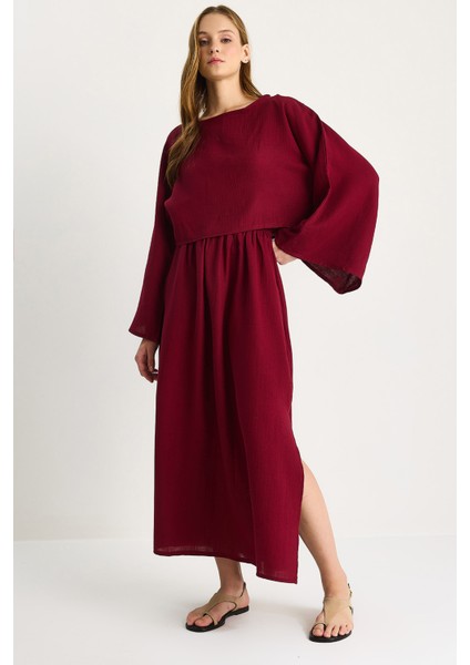 Kadın Yarasa Kol Crop Yırtmaç Detay Etek Müslin Takım -