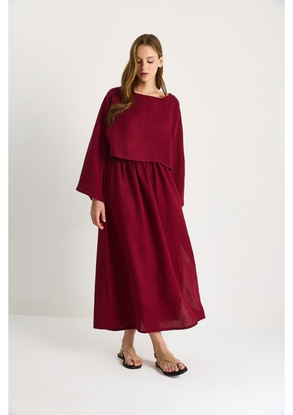 Kadın Yarasa Kol Crop Yırtmaç Detay Etek Müslin Takım - fiyatları