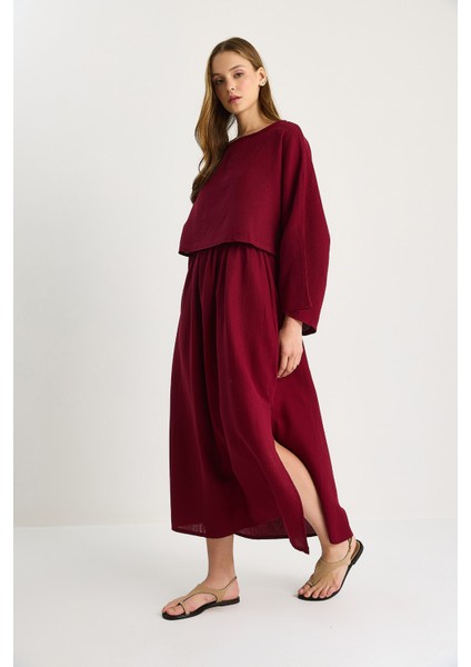 Kadın Yarasa Kol Crop Yırtmaç Detay Etek Müslin Takım - modelleri