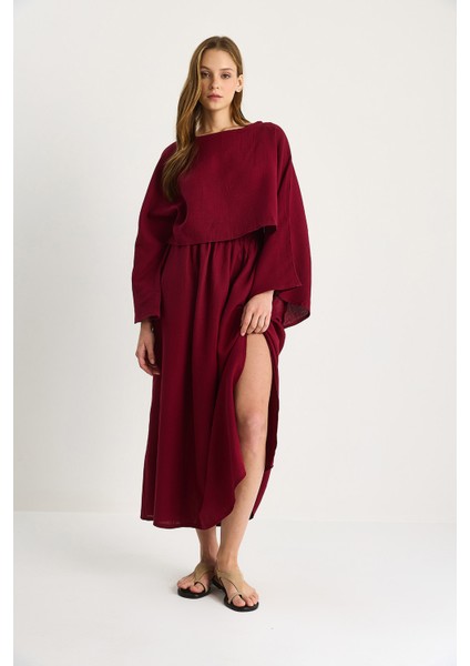 Kadın Yarasa Kol Crop Yırtmaç Detay Etek Müslin Takım - indirimleri