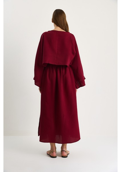 Kadın Yarasa Kol Crop Yırtmaç Detay Etek Müslin Takım -