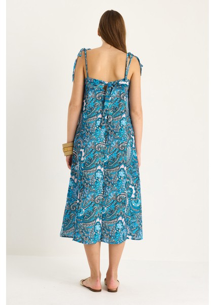 Kadın Bağlama Askılı V Yaka Cep Detaylı Desenli Midi Elbise - fırsatları