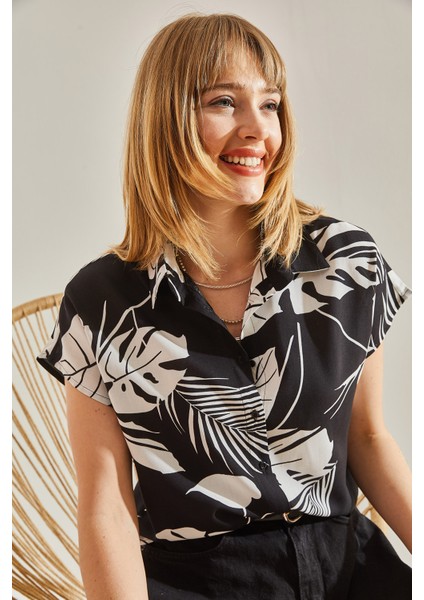 Kadın Kısa Kol Desenli Viskon Gömlek