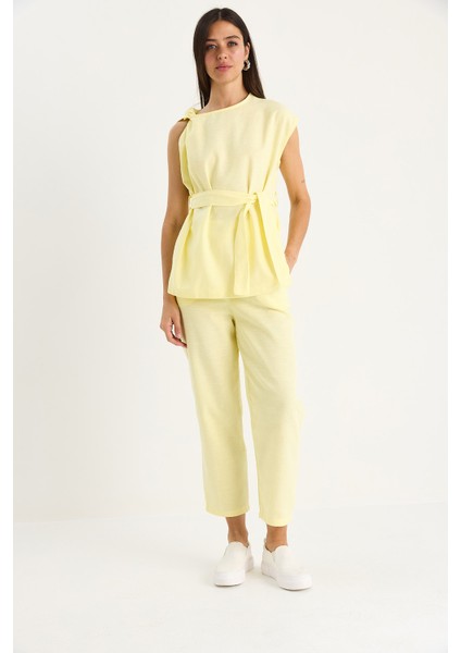 Kadın Omuz Düğüm Detaylı Kuşaklı Keten Alt-Üst Takım fiyatları