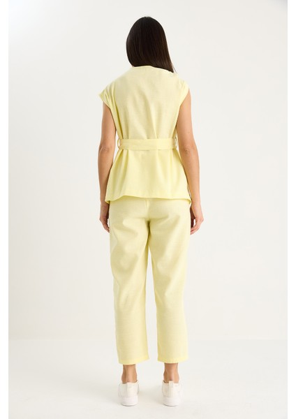 Kadın Omuz Düğüm Detaylı Kuşaklı Keten Alt-Üst Takım indirimleri