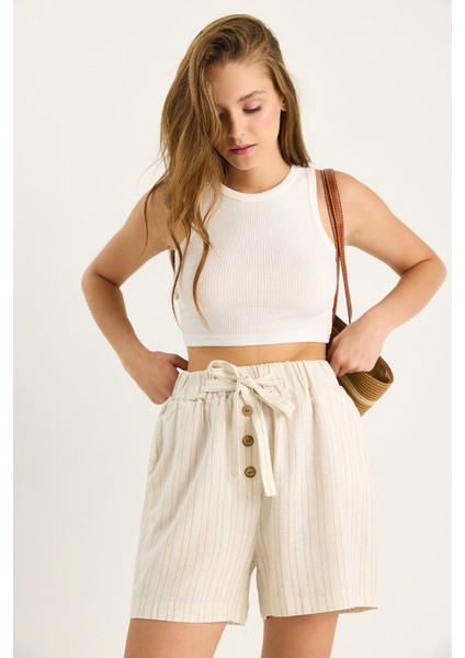 Kadın Çift Çizgili Beli Lastikli Düğme ve Ip Aksesuarlı Keten Şort indirimleri