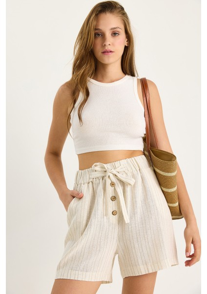 Kadın Çift Çizgili Beli Lastikli Düğme ve Ip Aksesuarlı Keten Şort