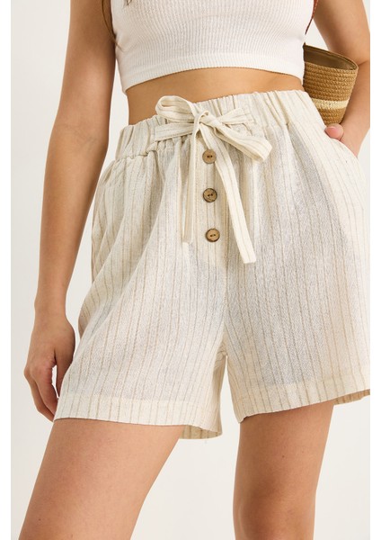 Kadın Çift Çizgili Beli Lastikli Düğme ve Ip Aksesuarlı Keten Şort