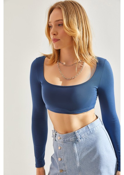 Kadın Uzun Kol Kare Yaka Crop Bluz