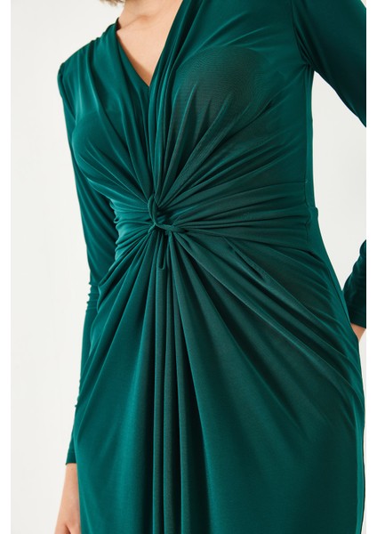 Kadın V Yaka Önü Büzgülü Candy Kumaş Elbise