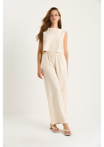 Kadın Kalın Askılı Bluz Beli Lastikli Cep Detaylı Bol Pantolonlu Keten Takım fiyatları