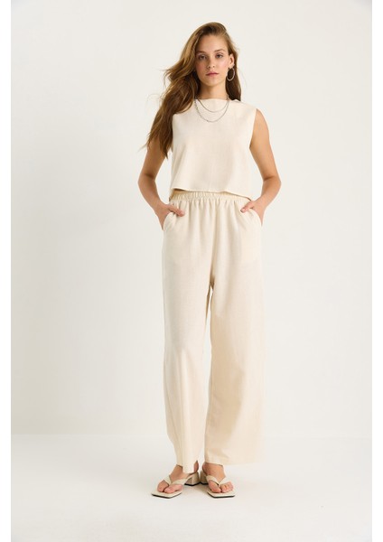 Kadın Kalın Askılı Bluz Beli Lastikli Cep Detaylı Bol Pantolonlu Keten Takım modelleri