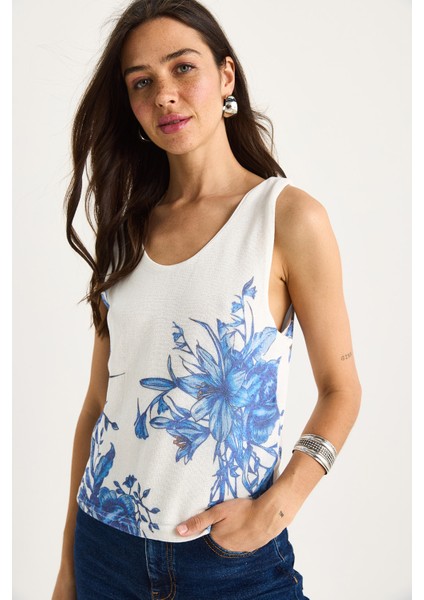 Kadın Desenli Kalın Askılı Dijital Baskılı Regular Yazlık Örme Bluz