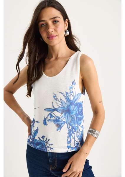 Kadın Desenli Kalın Askılı Dijital Baskılı Regular Yazlık Örme Bluz modelleri