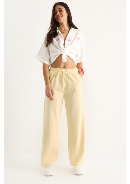 Kadın Beli Lastikli Paça Detaylı Palazzo Kalıp Pamuk Gabardin Yazlık Pantolon