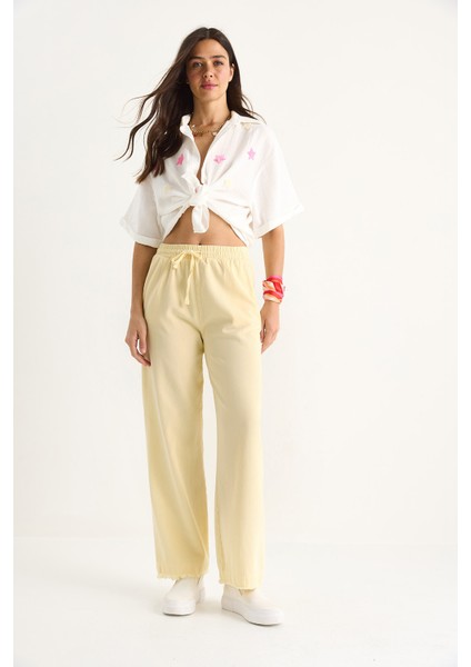 Kadın Beli Lastikli Paça Detaylı Palazzo Kalıp Pamuk Gabardin Yazlık Pantolon fiyatları