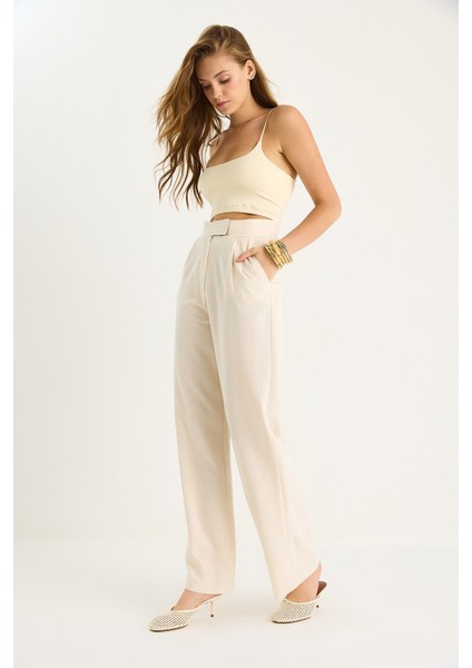 Kadın Cırtlı Cep Detaylı Keten Palazzo Pantolon