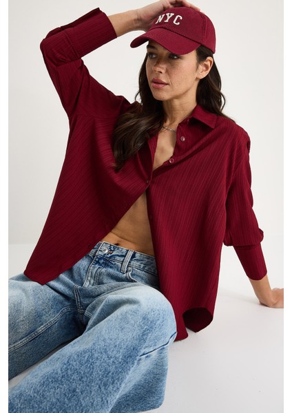 Kadın Düşük Omuz Oversize Basic Bürümcük Gömlek