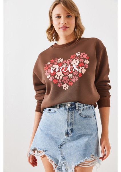 Kadın Üç Iplik Şardonlu Yuvarlak Yaka Pati Baskılı Sweatshirt Mbhs