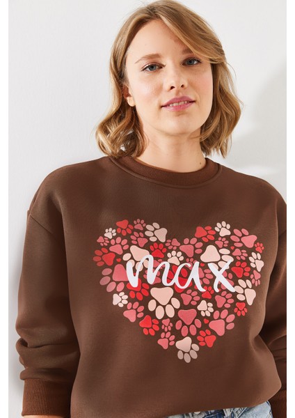 Kadın Üç Iplik Şardonlu Yuvarlak Yaka Pati Baskılı Sweatshirt Mbhs fırsatları