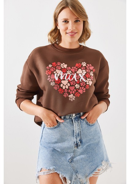 Kadın Üç Iplik Şardonlu Yuvarlak Yaka Pati Baskılı Sweatshirt Mbhs