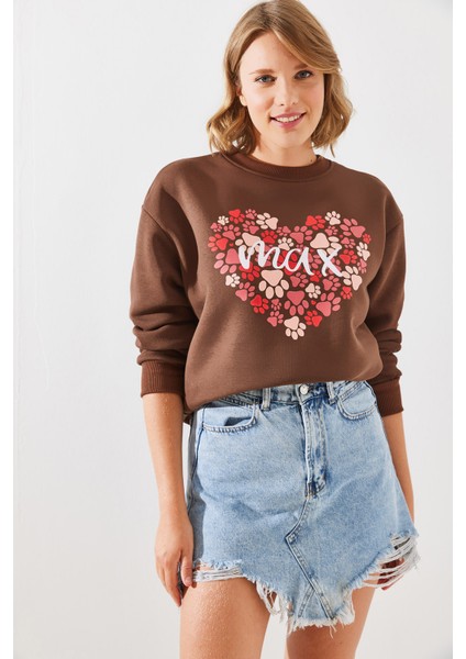 Kadın Üç Iplik Şardonlu Yuvarlak Yaka Pati Baskılı Sweatshirt Mbhs