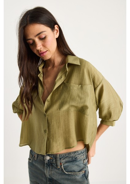 Kadın Kendinden Çizgili Yarım Kollu Tek Cep Detaylı Gömlek fiyatları