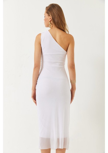 Kadın Astarlı Seyyar Gül Aksesuarlı Midi Boy Tül Elbise fırsatları