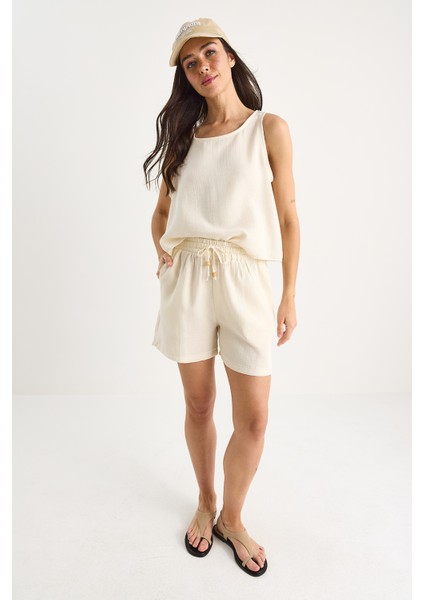 Kadın Kalın Askılı Bluz Beli Lastikli Cep Dataylı Şort Müslin Takım fiyatları