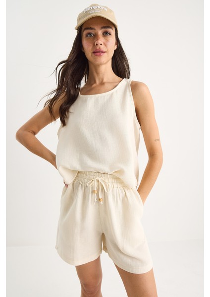 Kadın Kalın Askılı Bluz Beli Lastikli Cep Dataylı Şort Müslin Takım modelleri