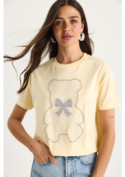 Kadın Teddy Kurdele Detaylı Taşlı T-Shirt fiyatları
