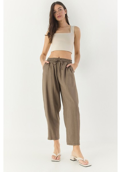 Kadın Beli Bağlamalı Cep Detaylı Havuç Kesim Yazlık Pantolon