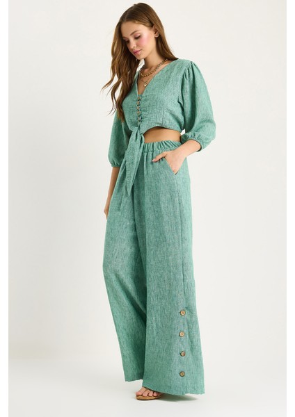 Kadın Bağlama Detaylı Bluz Astarlı Paçası Düğmeli Pantolonlu Astarlı Alt-Üst Takım