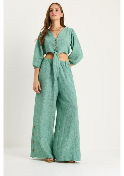 Kadın Bağlama Detaylı Bluz Astarlı Paçası Düğmeli Pantolonlu Astarlı Alt-Üst Takım fiyatları