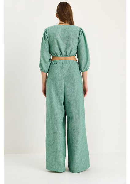 Kadın Bağlama Detaylı Bluz Astarlı Paçası Düğmeli Pantolonlu Astarlı Alt-Üst Takım indirimleri