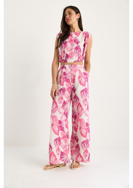 Kadın Vatkalı Beli Lastikli Crop Bluz Bol Pantolonlu Desenli Keten Alt-Üst Takım - modelleri