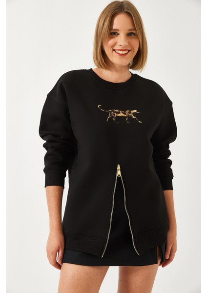 Kadın Üç Iplik Şardonlu Önü Fermuarlı Leopar Baskılı Sweatshirt