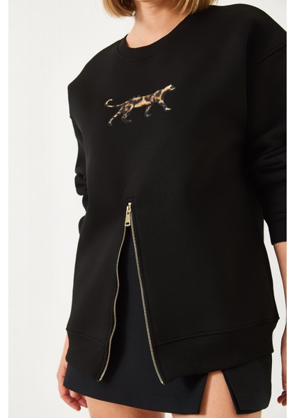 Kadın Üç Iplik Şardonlu Önü Fermuarlı Leopar Baskılı Sweatshirt fiyatları