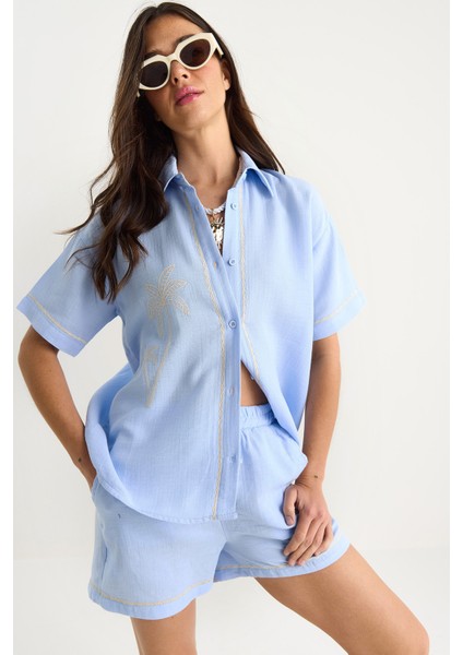 Kadın Palmiye Nakışlı Rahat Gömlek Cep Detaylı Şort Müslin Alt-Üst Takım G-