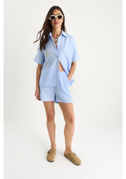 Kadın Palmiye Nakışlı Rahat Gömlek Cep Detaylı Şort Müslin Alt-Üst Takım G- fiyatları