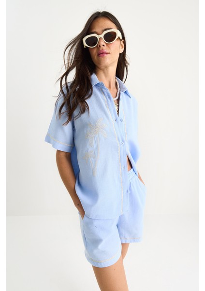 Kadın Palmiye Nakışlı Rahat Gömlek Cep Detaylı Şort Müslin Alt-Üst Takım G- modelleri