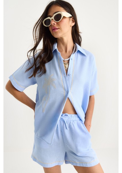 Kadın Palmiye Nakışlı Rahat Gömlek Cep Detaylı Şort Müslin Alt-Üst Takım G- fırsatları