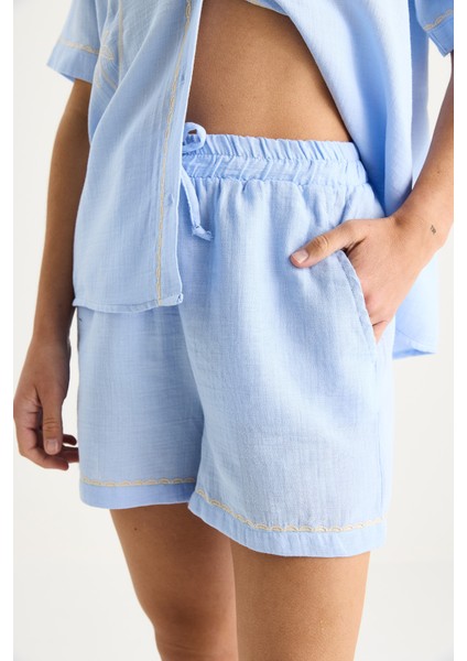 Kadın Palmiye Nakışlı Rahat Gömlek Cep Detaylı Şort Müslin Alt-Üst Takım G-