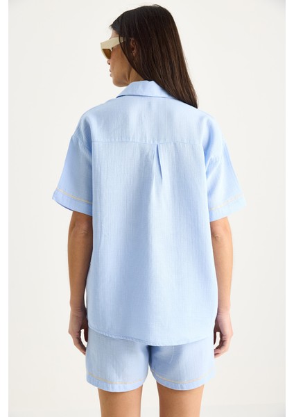 Kadın Palmiye Nakışlı Rahat Gömlek Cep Detaylı Şort Müslin Alt-Üst Takım G-