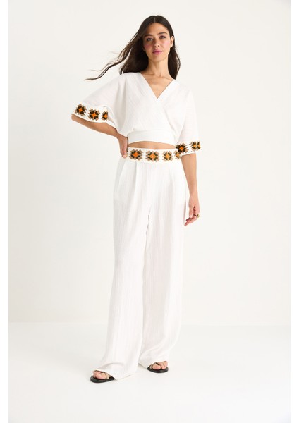 Kadın Örgü Detaylı Kruvaze Yaka Belden Kuşaklı Crop Yüksek Bel Pantolon Takım fırsatları