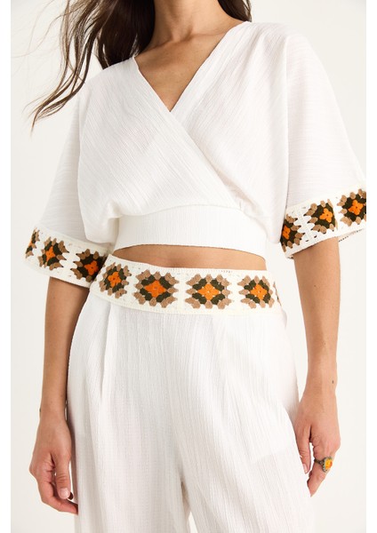 Kadın Örgü Detaylı Kruvaze Yaka Belden Kuşaklı Crop Yüksek Bel Pantolon Takım