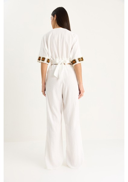 Kadın Örgü Detaylı Kruvaze Yaka Belden Kuşaklı Crop Yüksek Bel Pantolon Takım