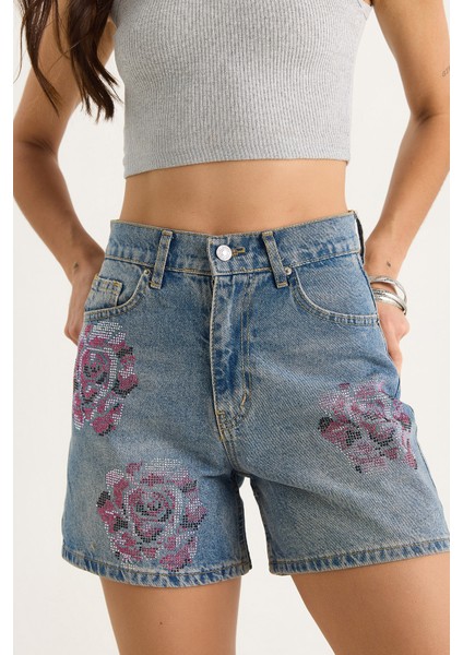 Kadın Gül Desenli Renkli Taş Baskılı Yüksek Bel Denim Şort